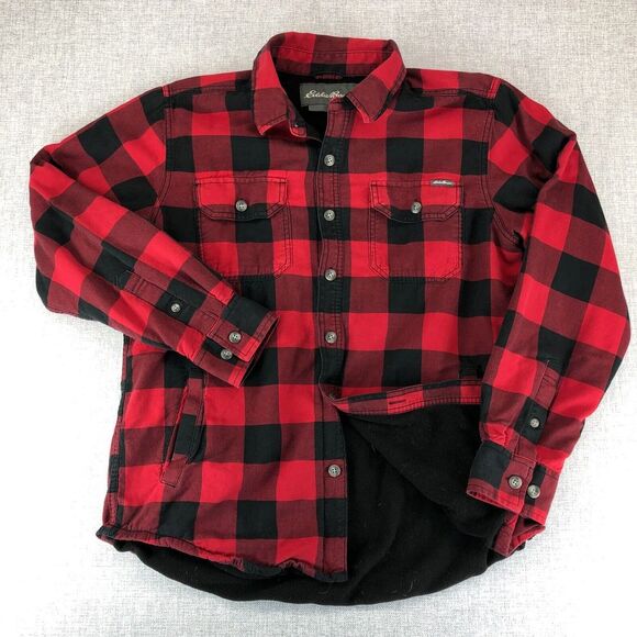 Eddie Bauer Shirt Jacket Mens Medium Red Buffalo Plaid Flannel Fleece Lined GORP - Picture 1 of 10
